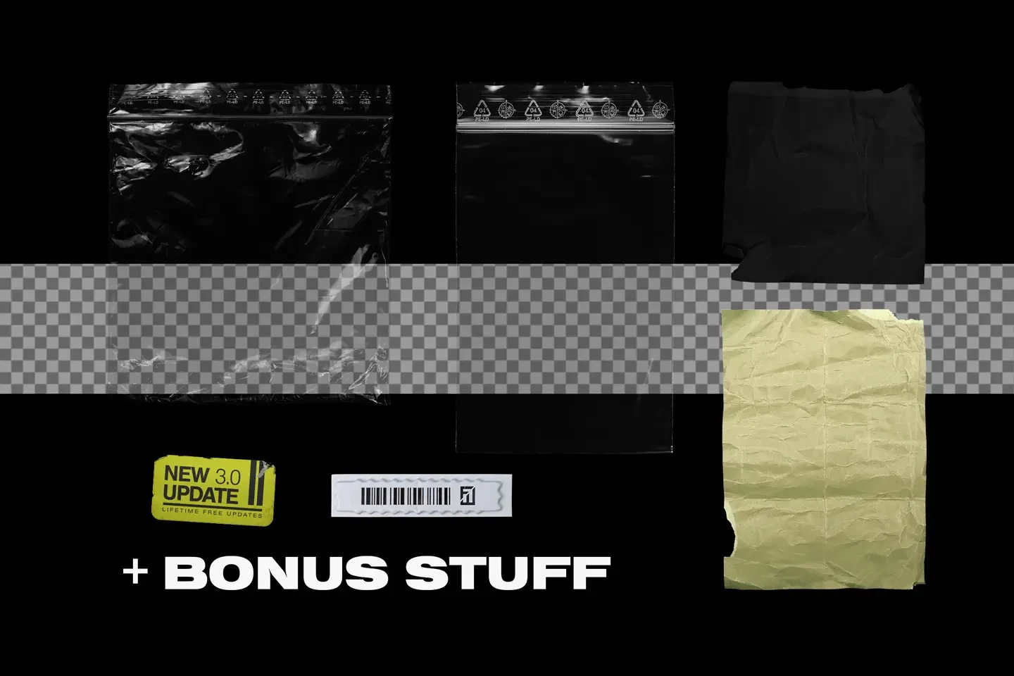 Plastic wrap textures pack bonus items including isolated poly baggies and crumpled paper sheet textures