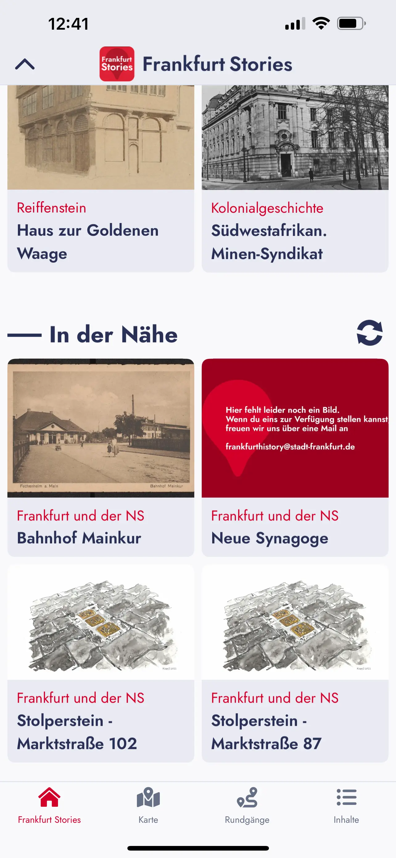 Screenshot der FH-App mit Übersicht des Themenfelds "In der Nähe"