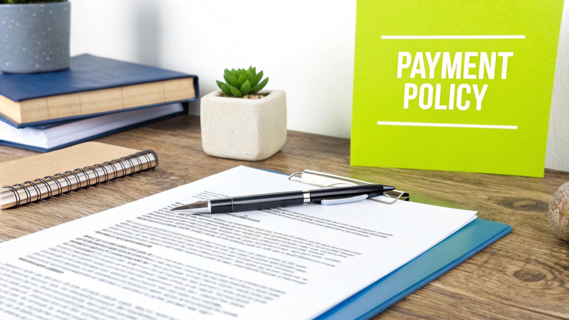 A document on a clipboard with a pen, notebook, and a 'Payment Policy' sign on a wooden desk.
