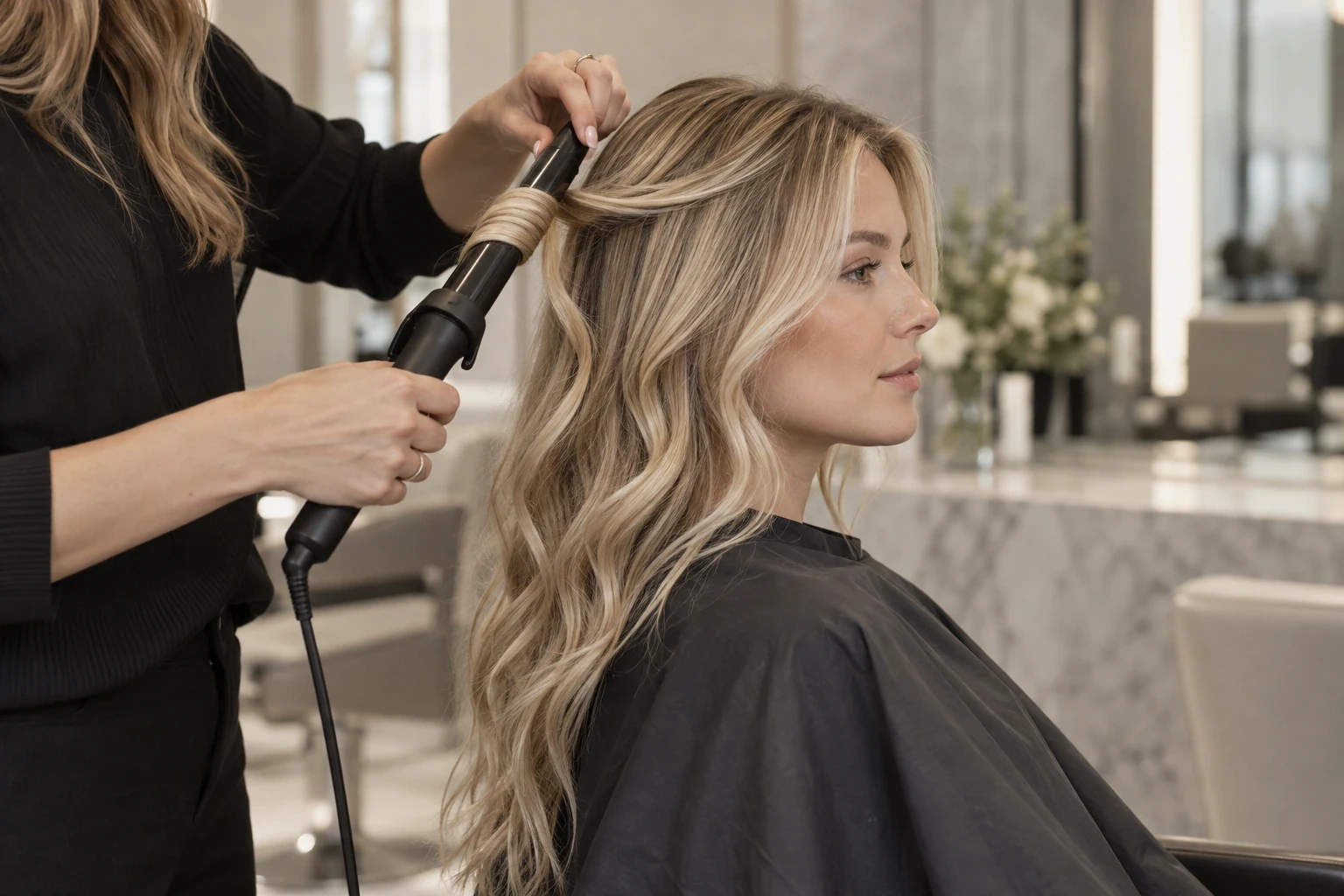 Stylist forming soft waves with a curling iron
