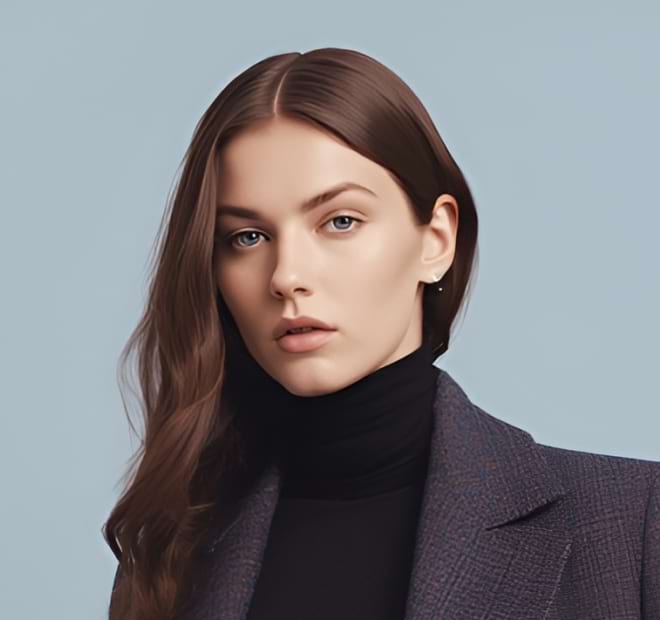 Woman with long brown hair, wearing a dark turtleneck and checkered blazer, looks confidently at the camera. The background is a soft blue, conveying calmness.