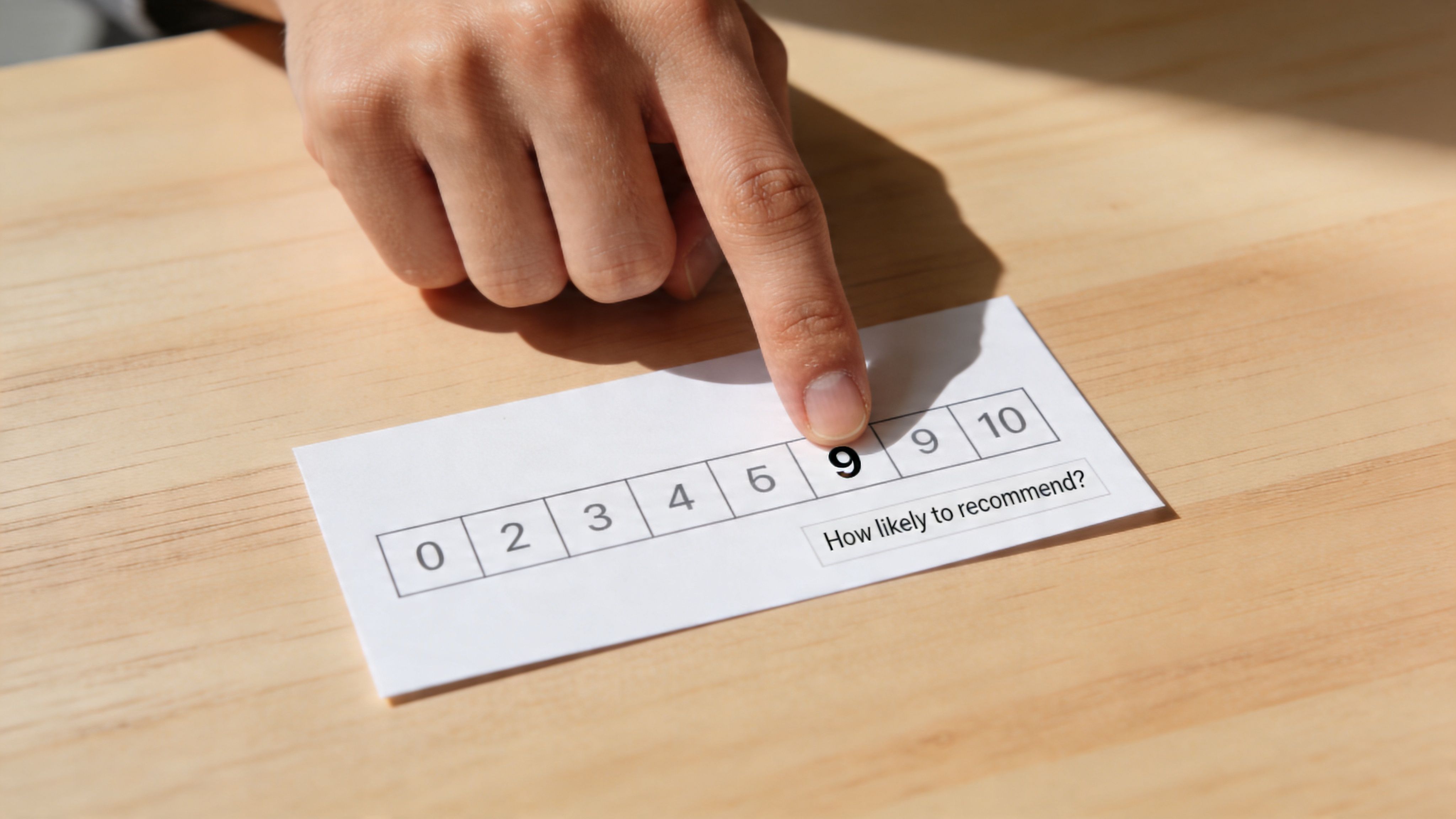 A person selecting the number nine on a post purchase survey scale on a wooden table.