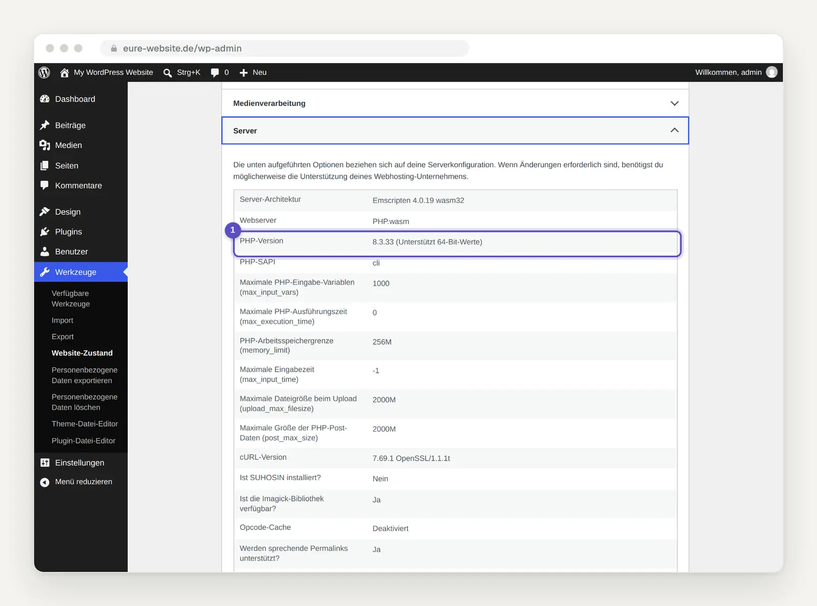 WordPress Website Health Report: expanded “Server” section with the “PHP Version” row and the full number