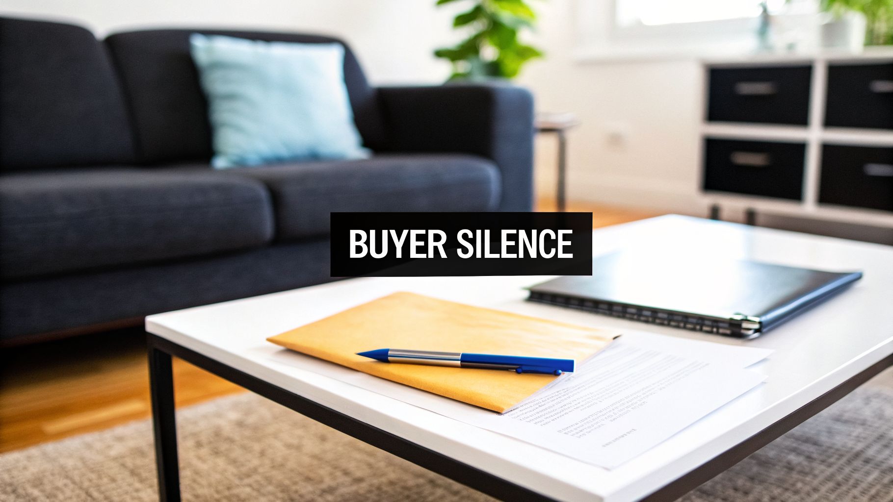 A coffee table with business documents, a pen, and a laptop in a living room, with a 'BUYER SILENCE' banner.