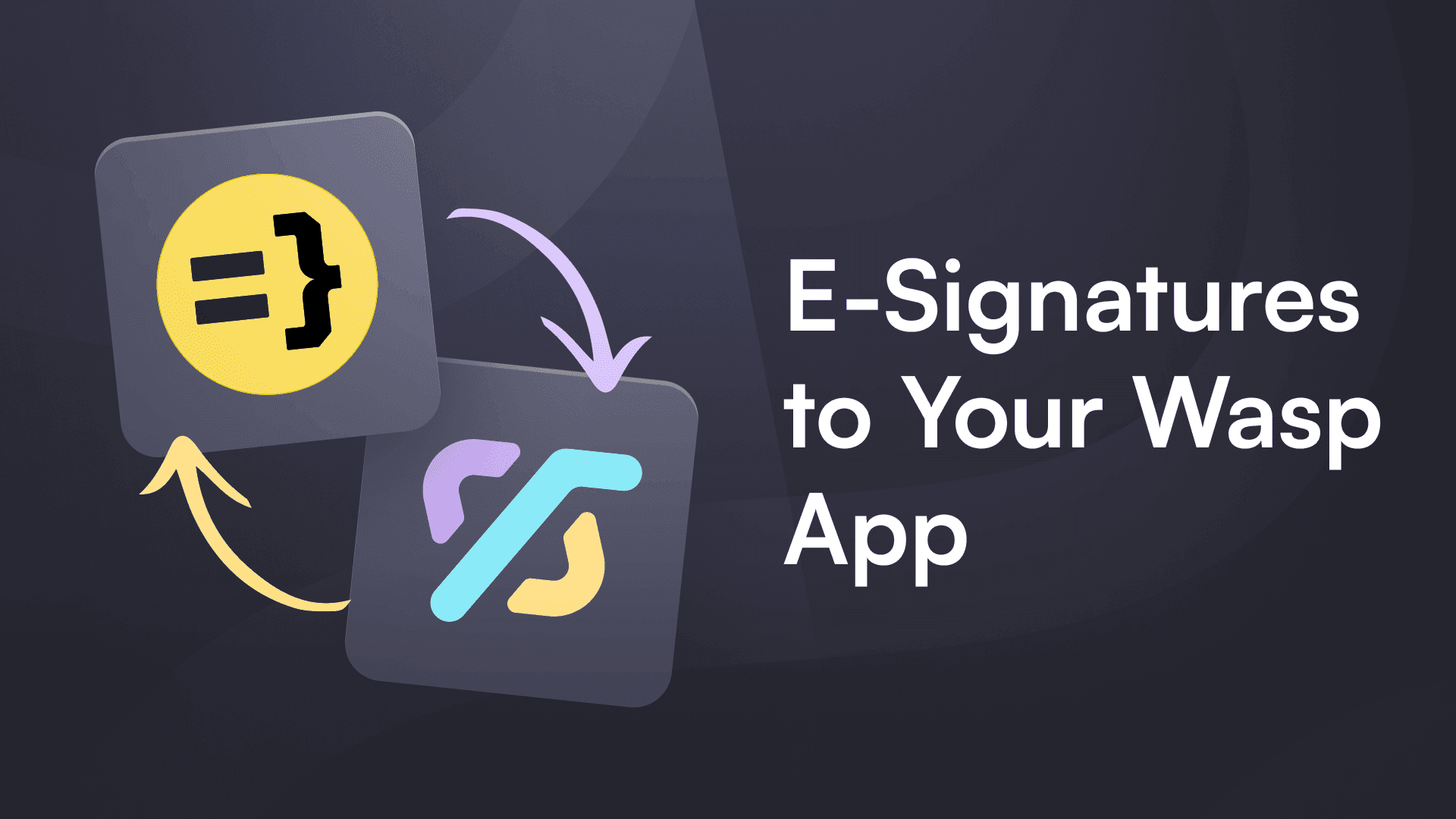 Two gray squares with stylized logos are connected by curved arrows on a dark background. Text reads "E-Signatures to Your Wasp App" in white.