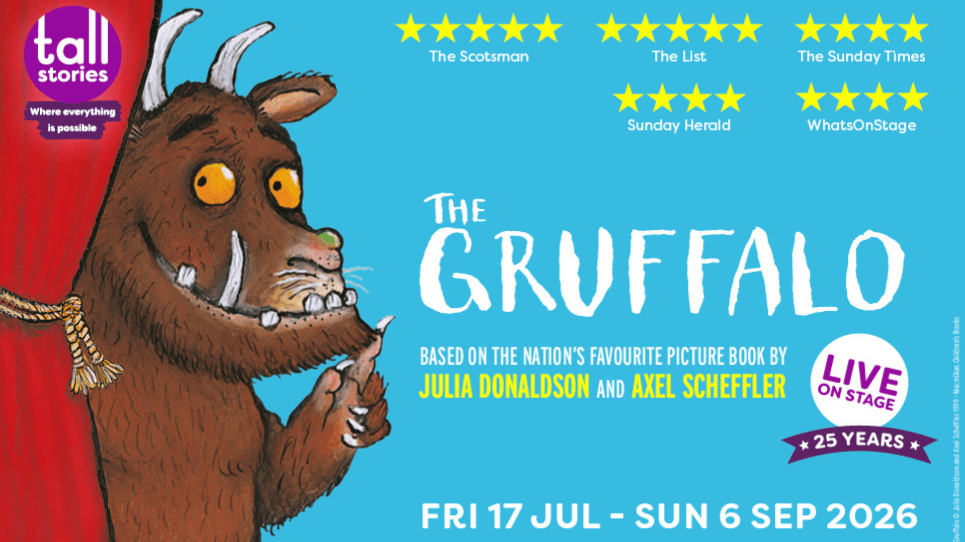 Gruffalo character peeking from red curtain, promoting West End show.