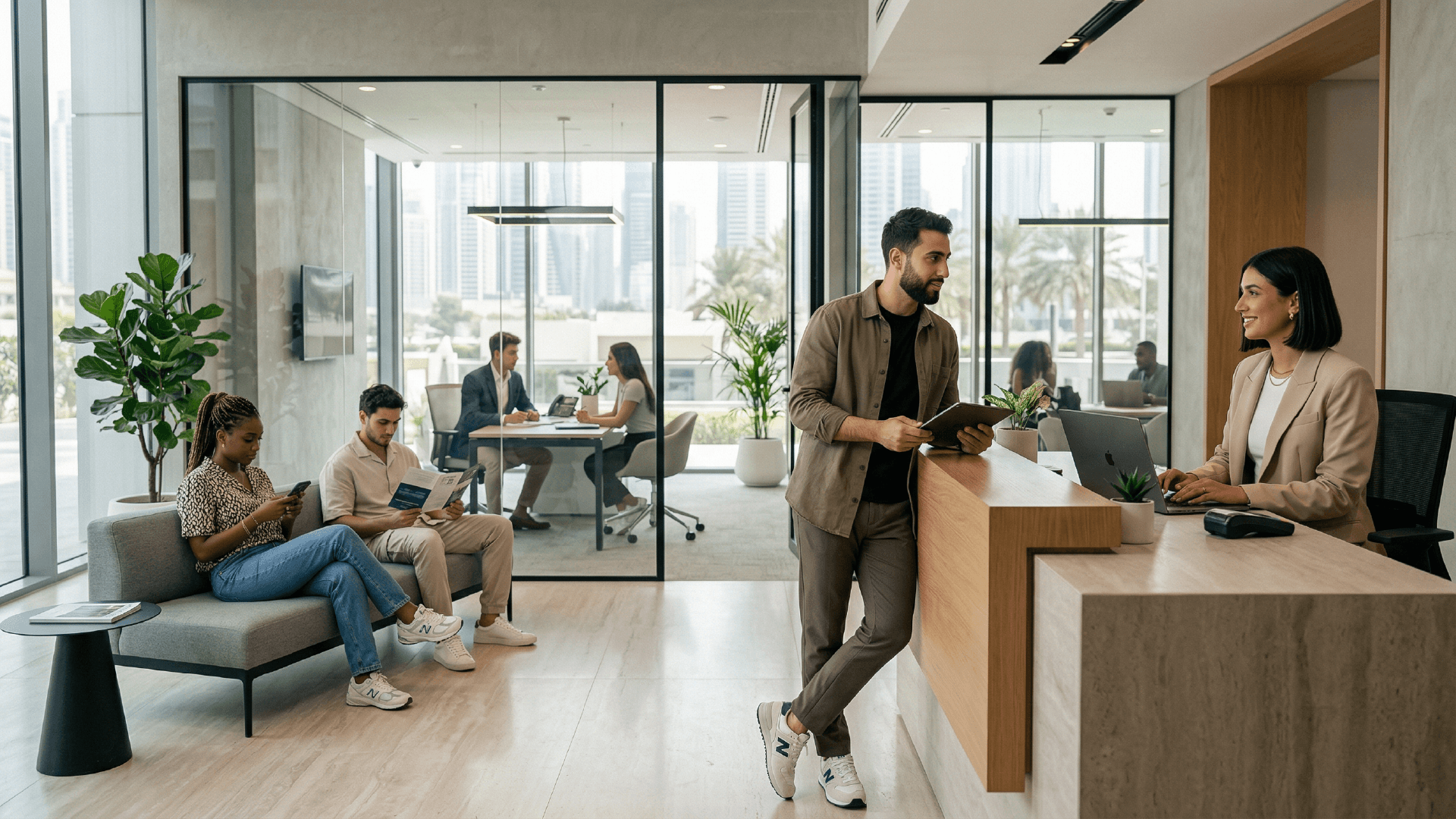 Financial services professionals reviewing banking and insurance documents in a Dubai business office