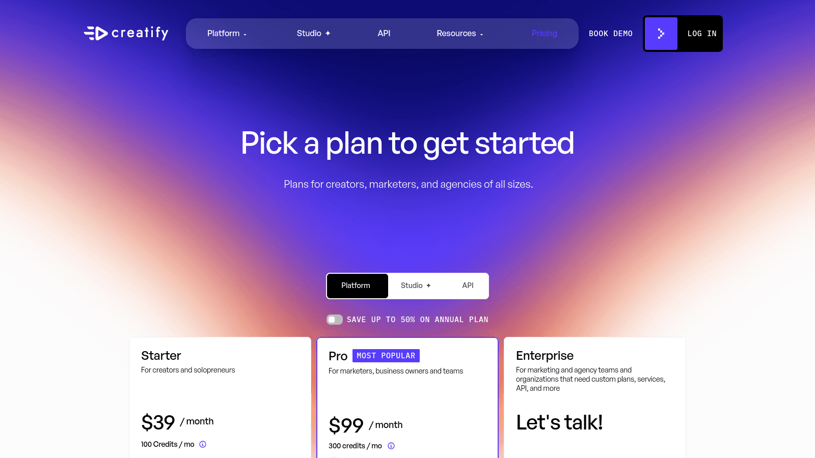 Creatify pricing page showing subscription tiers Starter, Pro, and Enterprise against a vibrant gradient background.