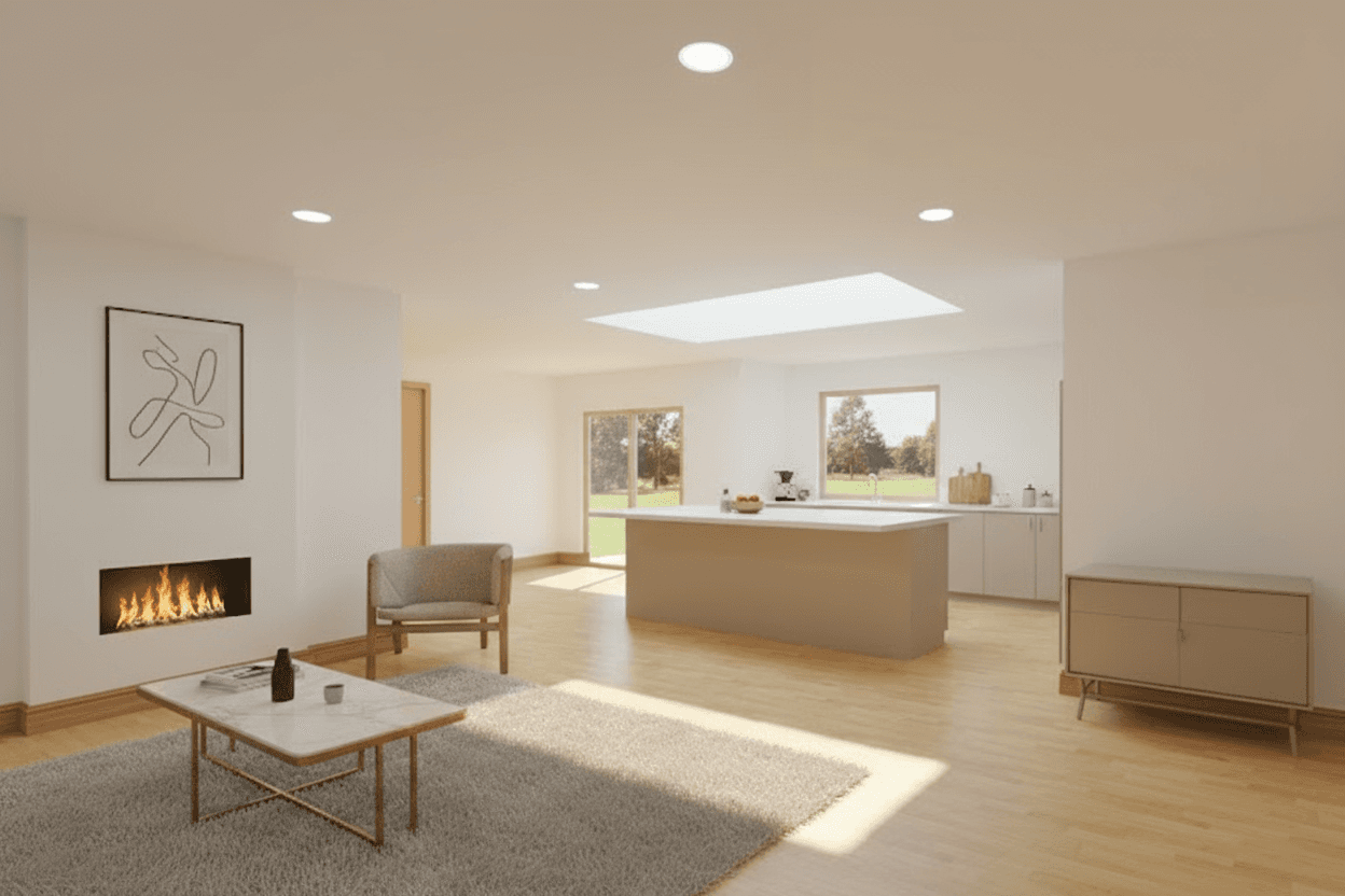 minimalist-remodeling-wayland-ma-modern-interior-design-mava-light color-kitchen island-skylight-fireplace-