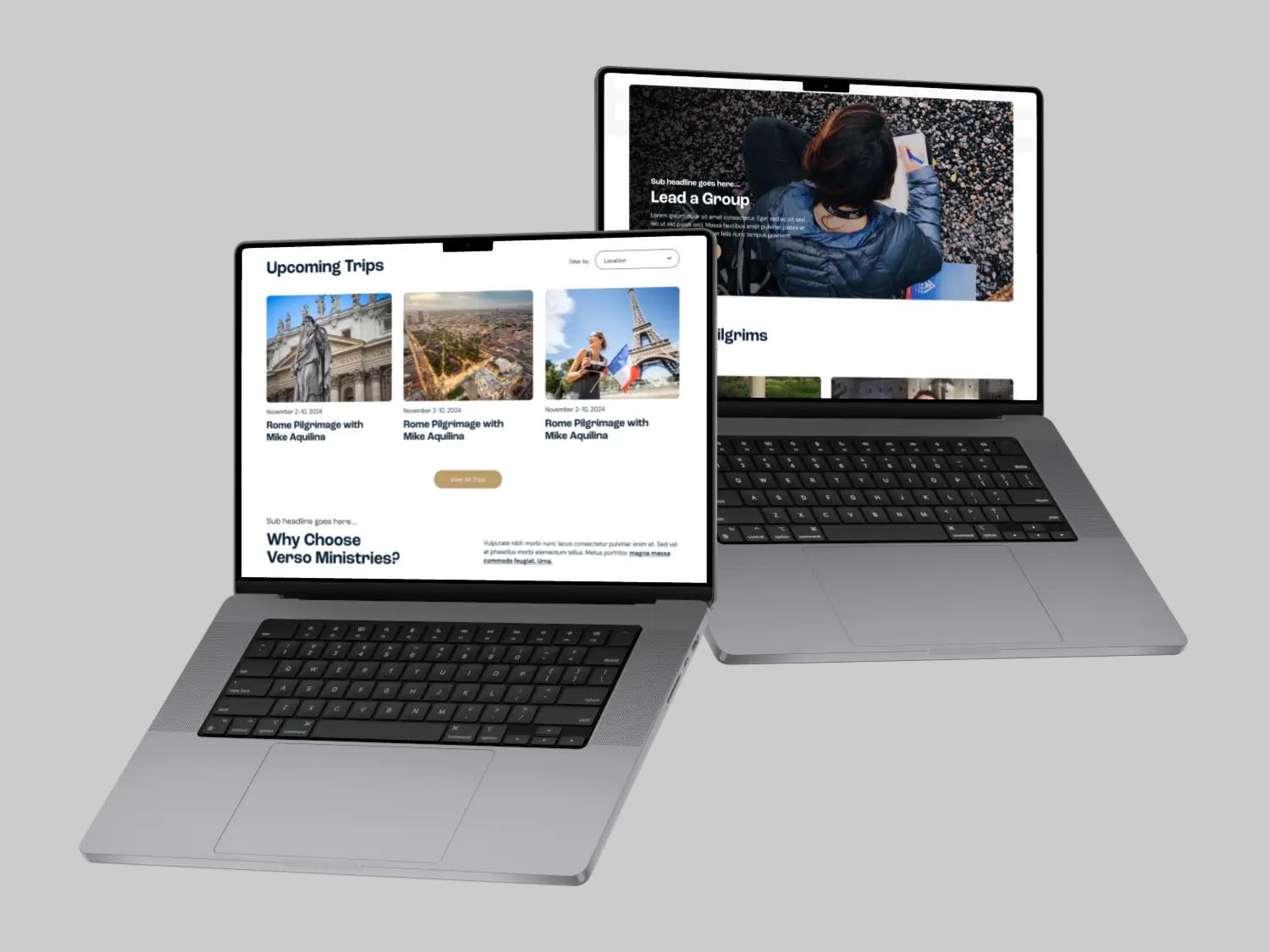 Two laptops are displayed, one showing a webpage with images and the other featuring a video.