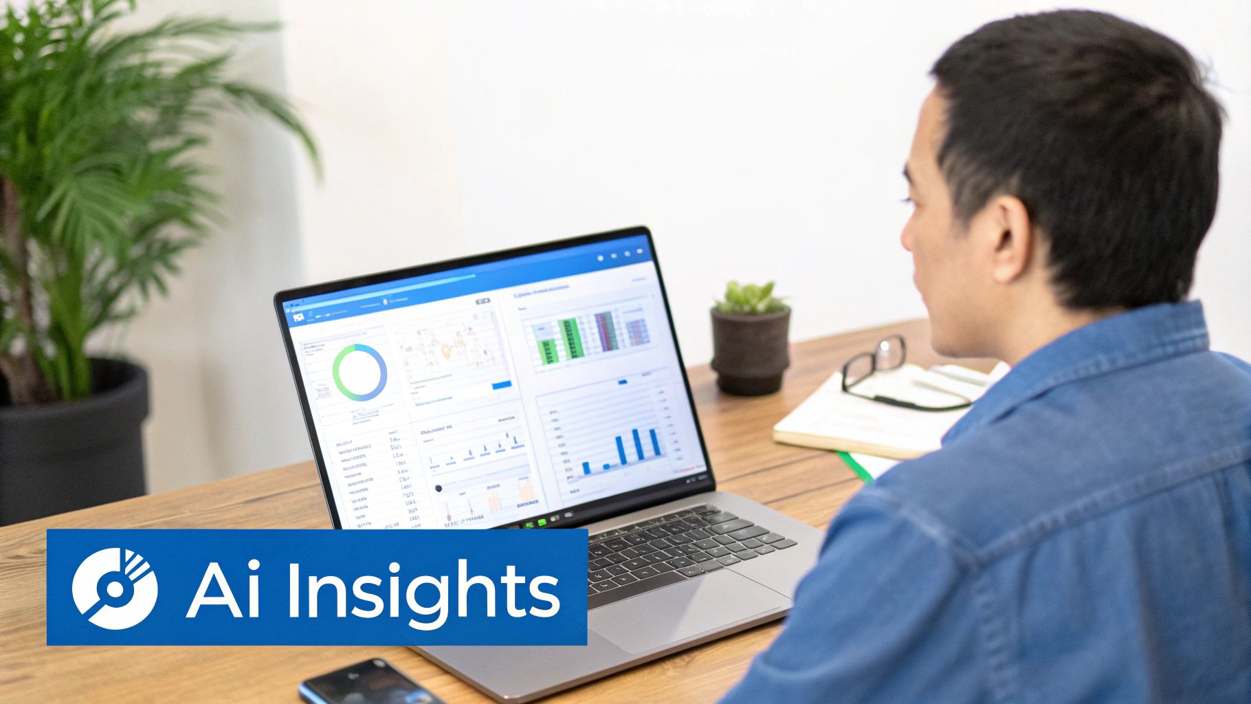 A man reviews a data analytics dashboard on a laptop, showing charts and graphs for insights.