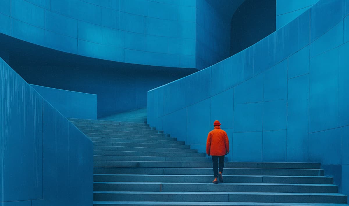 A man in an orange coat walks alone up blue stairs with blue walls surrounding him