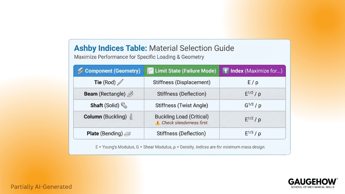 Ashby indices table for material selection