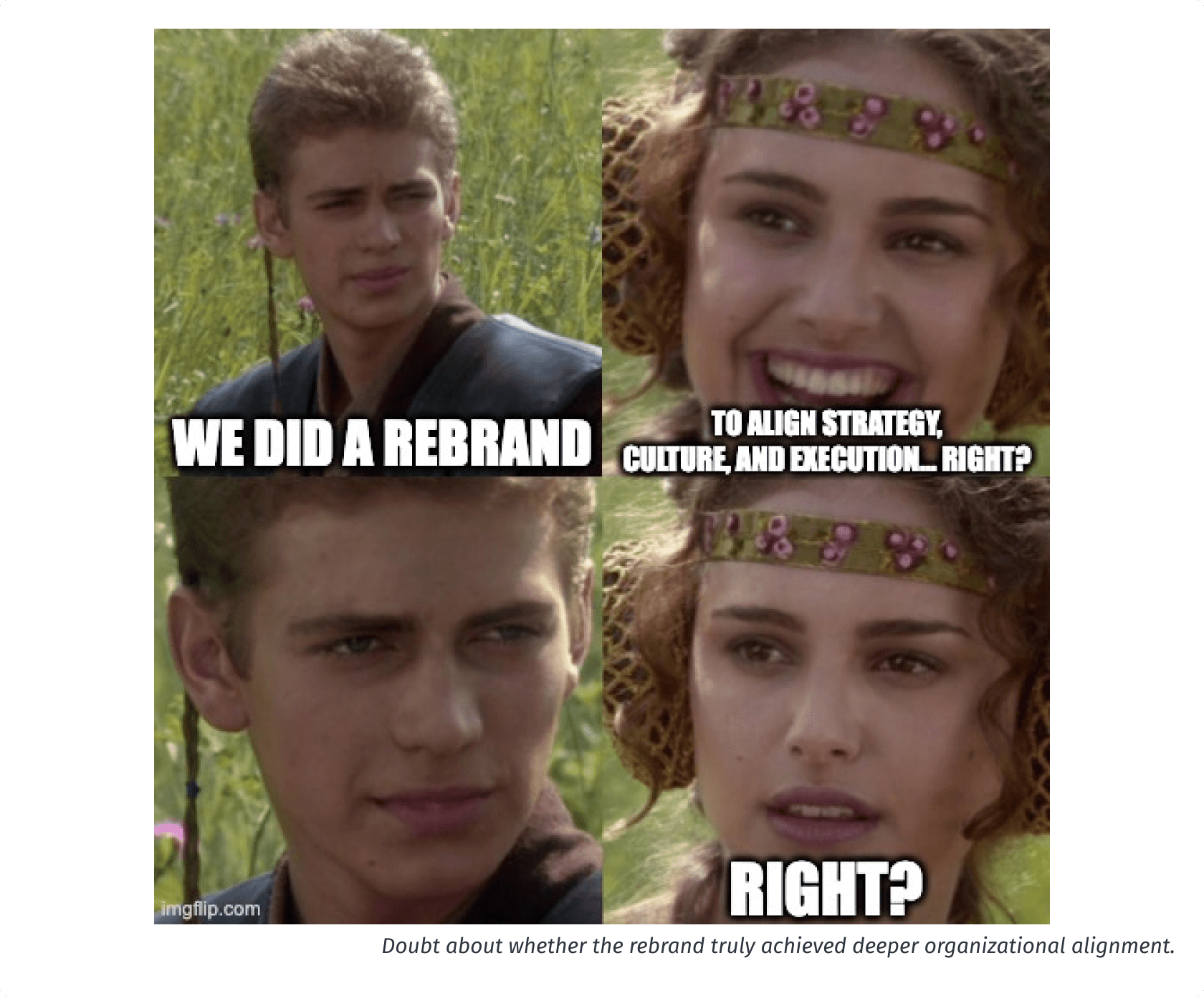 A four-panel meme using two young people in a grassy outdoor setting. In the first panel, a young man looks unsure with the caption ‘WE DID A REBRAND.’ In the second panel, a young woman smiles with the caption ‘TO ALIGN STRATEGY, CULTURE, AND EXECUTION… RIGHT?’ In the third panel, the young man stares silently. In the fourth panel, the young woman looks concerned with the caption ‘RIGHT?’ The meme humorously suggests doubt about whether a rebrand truly achieved deeper organizational alignment.