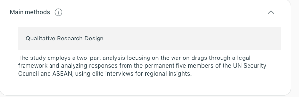 thesify main methods panel summarizing a qualitative research design on the war on drugs using legal analysis and elite interviews.