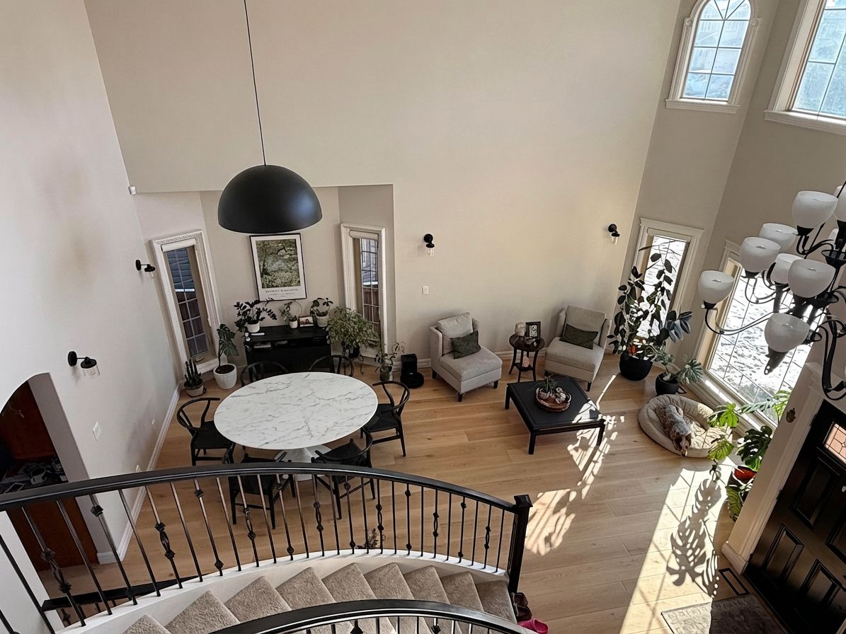 Modern minimalist dining room with marble table and wishbone chairs by AI