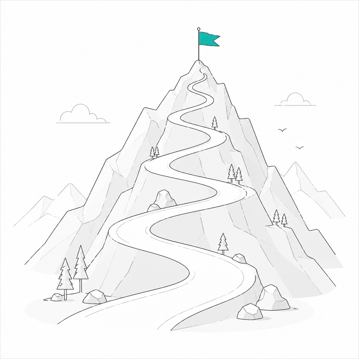 Mountain with path winding up. There is a flag at the top of the mountain.