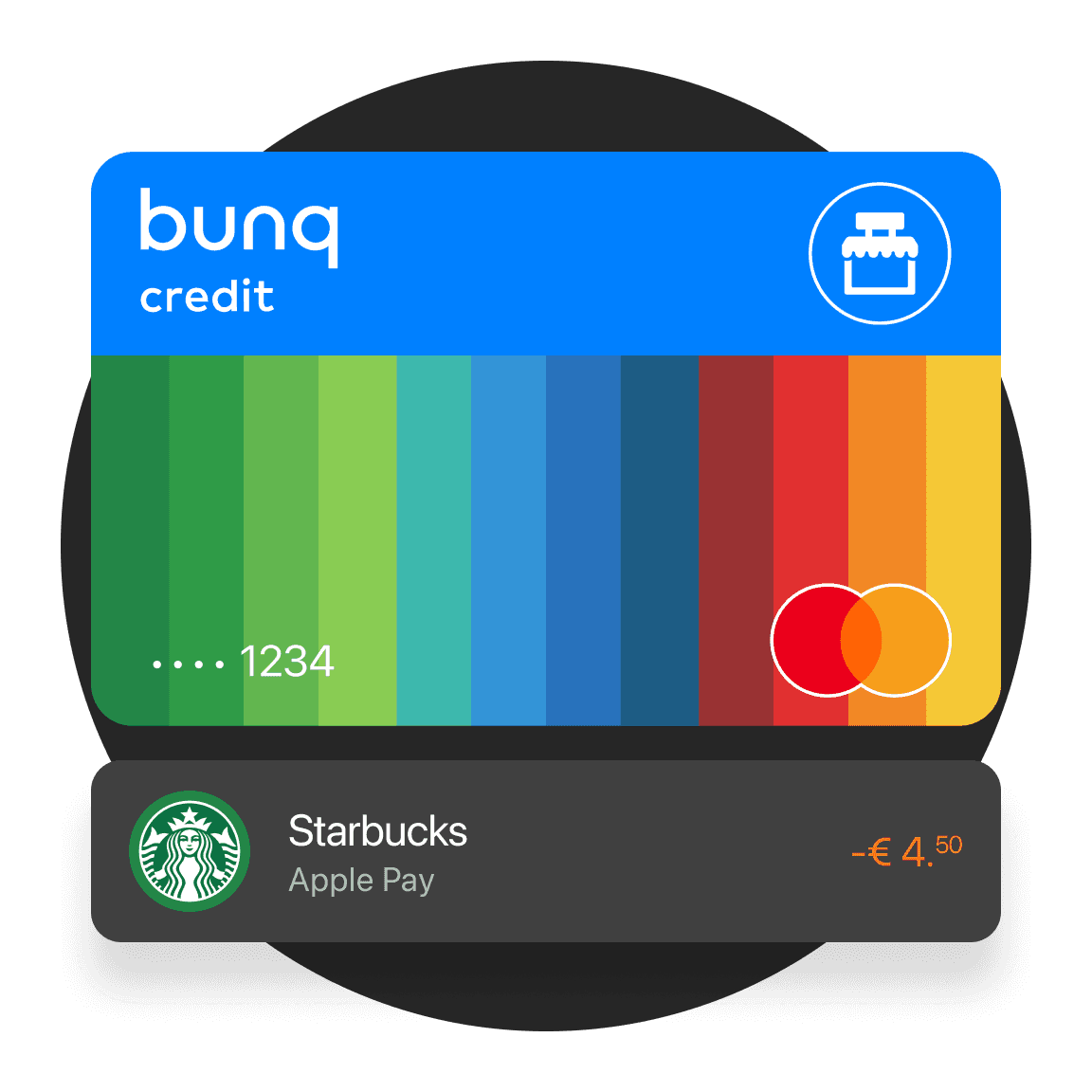 Image of a colorful bank card from bunq, featuring a blue top section and a gradient of stripes below.