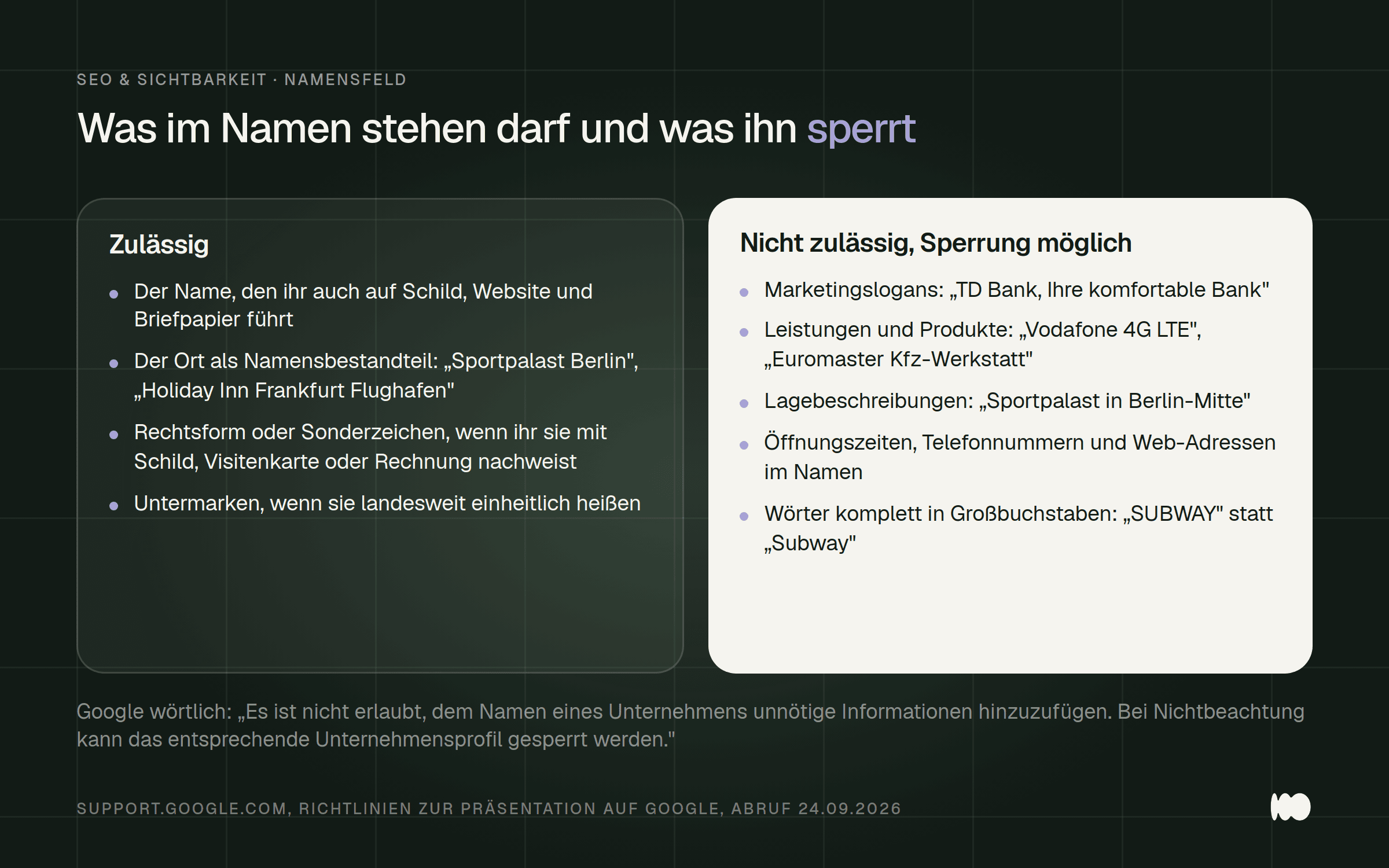Zwei Spalten mit Beispielen aus Googles Richtlinie: links zulässige Unternehmensnamen, rechts Namenszusätze, die zur Sperrung führen können.