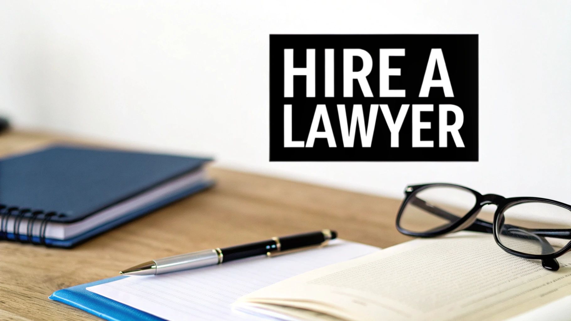 Office desk with notebook, pen, glasses, and a bold 'HIRE A LAWYER' sign.