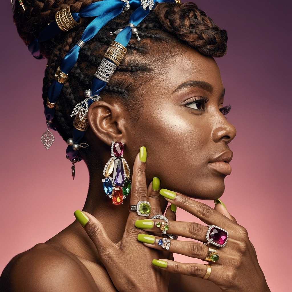 Profile portrait of am international model with elaborate braided updo adorned with blue ribbons and ornate hair jewelry, wearing colorful gemstone statement earrings and multiple rings with lime green nails, against a gradient pink-to-purple background. Professional beauty photography with soft studio lighting, photorealistic detail capturing skin texture, metallic reflections, and gemstone facets, ultra-high resolution.