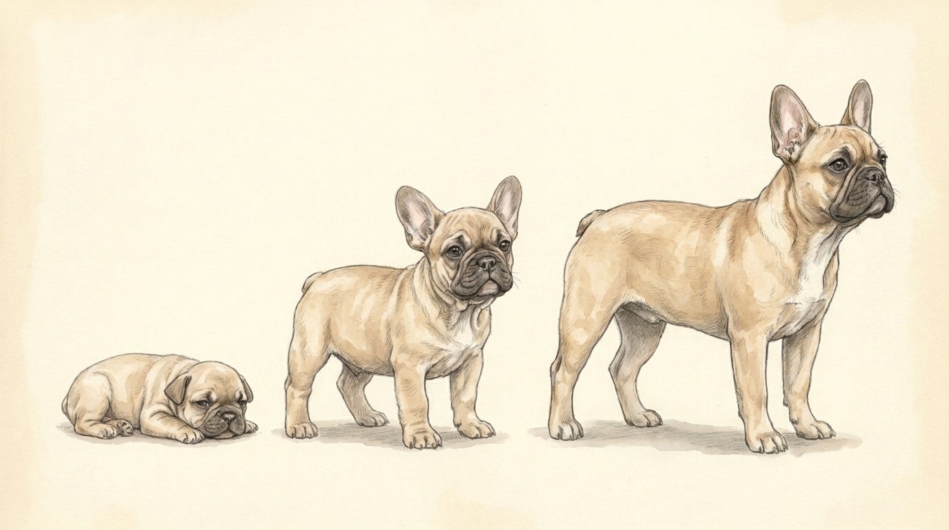 Ilustración del mismo animal como recién nacido, a las 8 semanas y a los 5 meses.