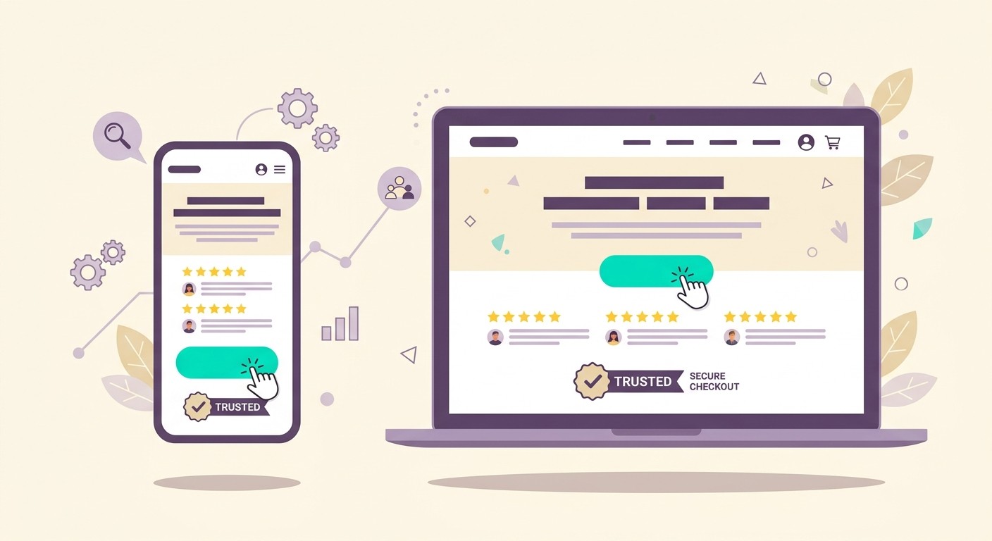 Business website with review stars, trust badges, and a clear call-to-action button, flat illustration