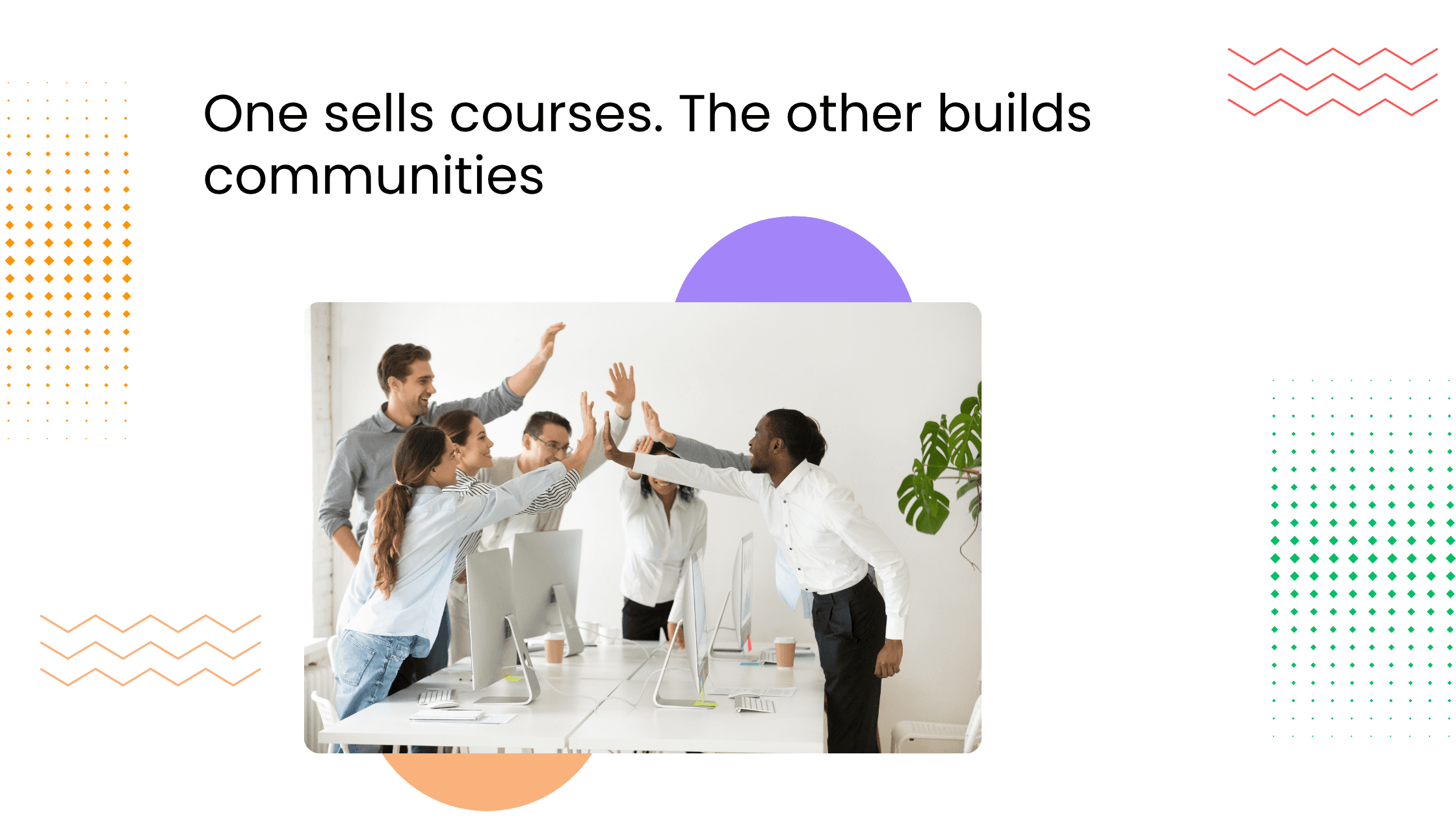 Group celebrating together in a creative about community-first coaching platforms beyond online courses.