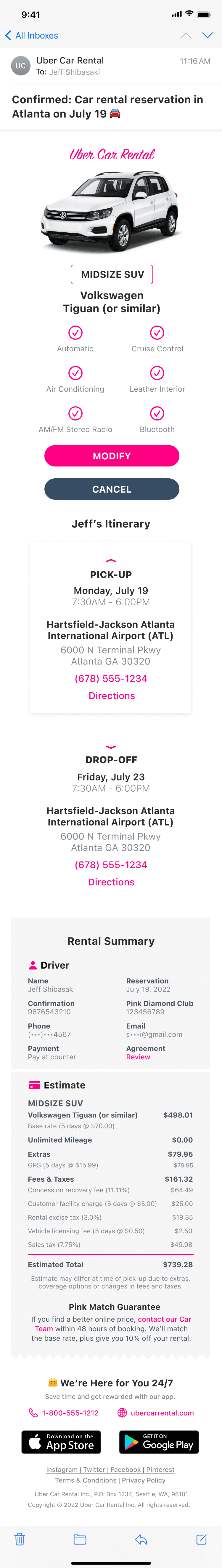 Final personalized car rental confirmation email