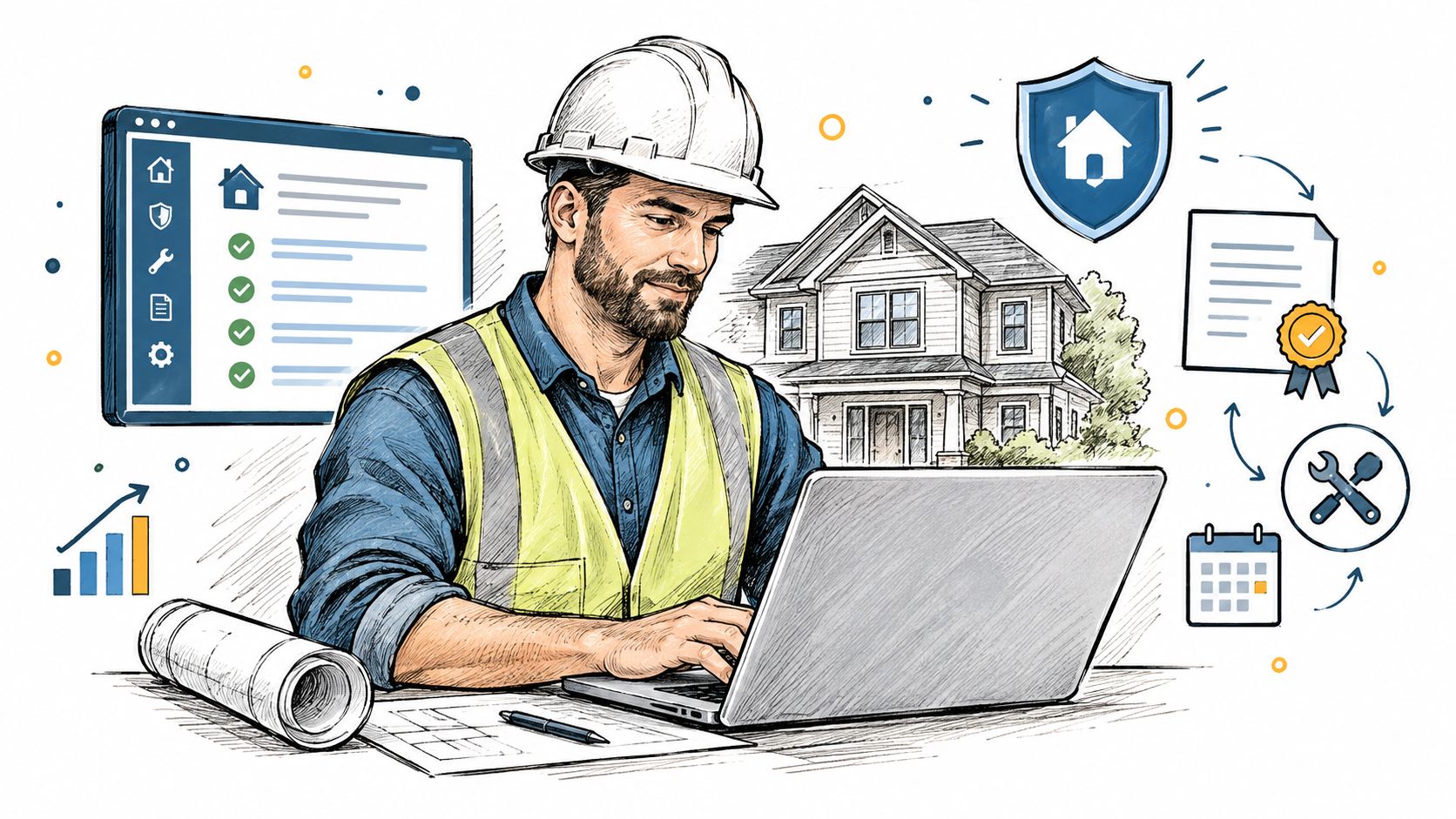 A professional construction worker wearing a safety helmet and vest using a laptop with home project blueprints.
