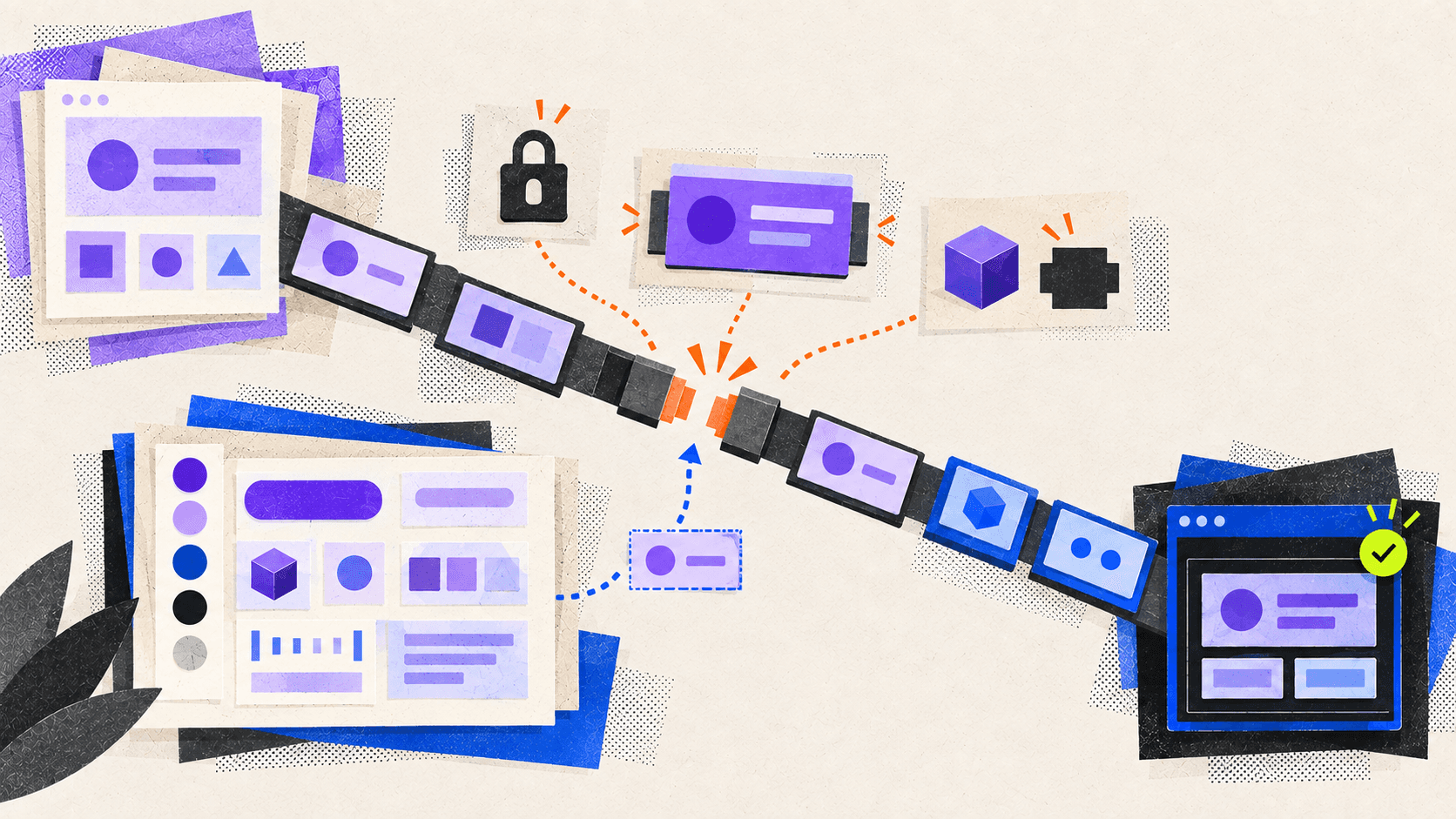 Editorial diagram showing a broken design-to-code connection repaired with permissions, a smaller selection, and shared component modules.