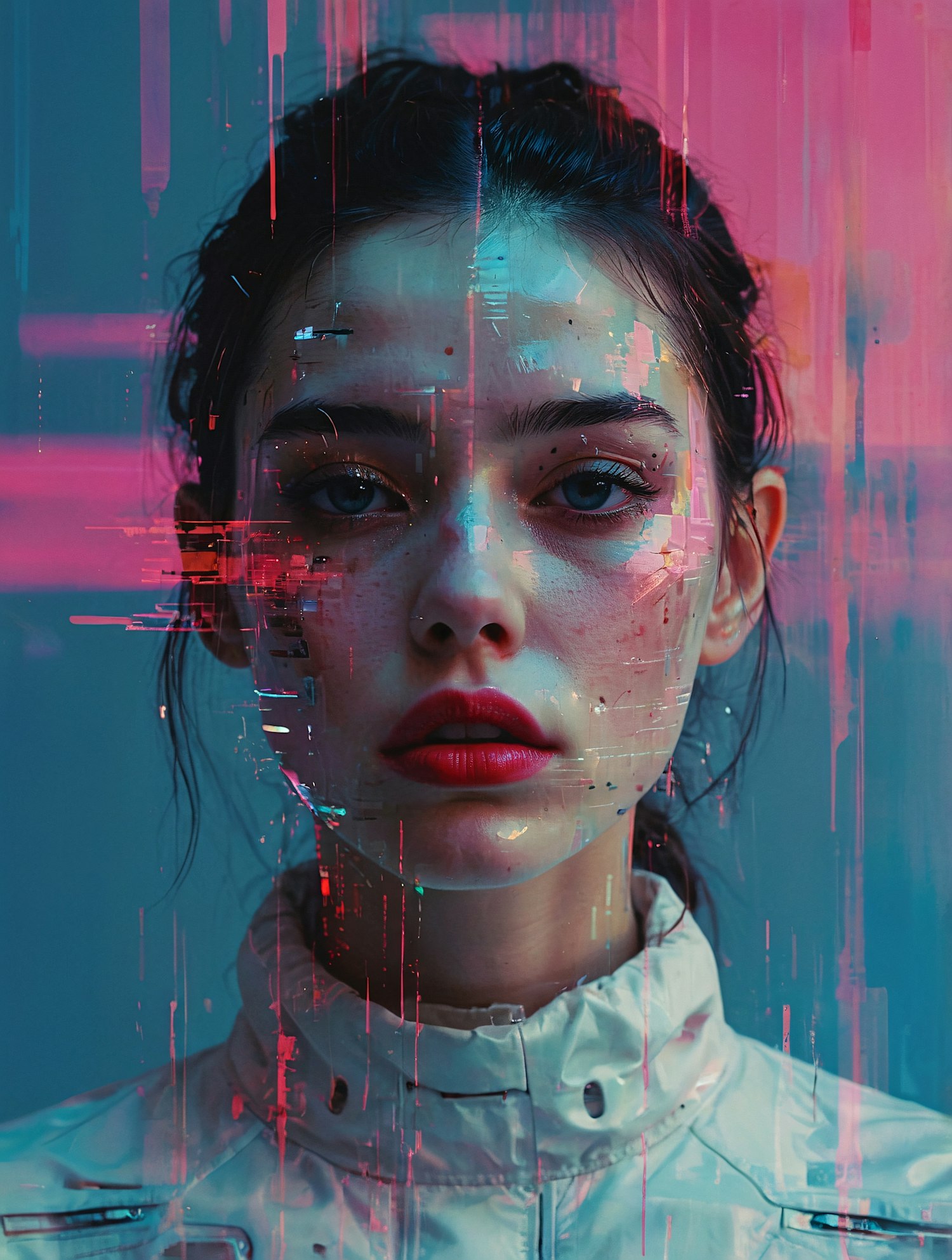 A woman's face depicted through vibrant digital pixels, showcasing a contemporary and artistic interpretation of her likeness.
