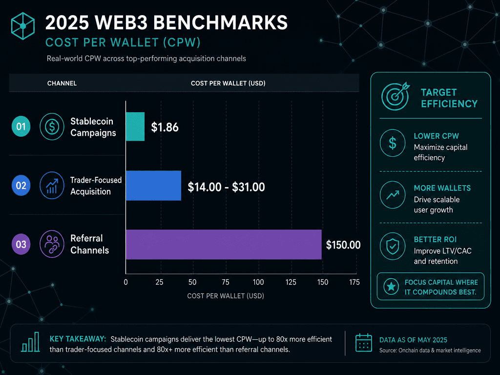 Horizontal bar chart showing Web3 marketing benchmarks for Cost Per Wallet (CPW) across stablecoin, trader, and referral segments in 2025.