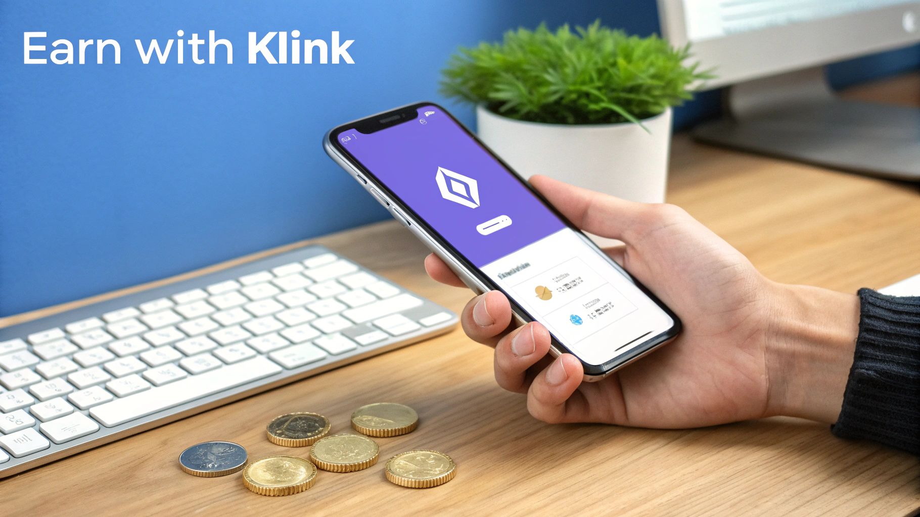 A person holds a smartphone displaying the Klink app, with coins on a wooden desk, symbolizing earning.