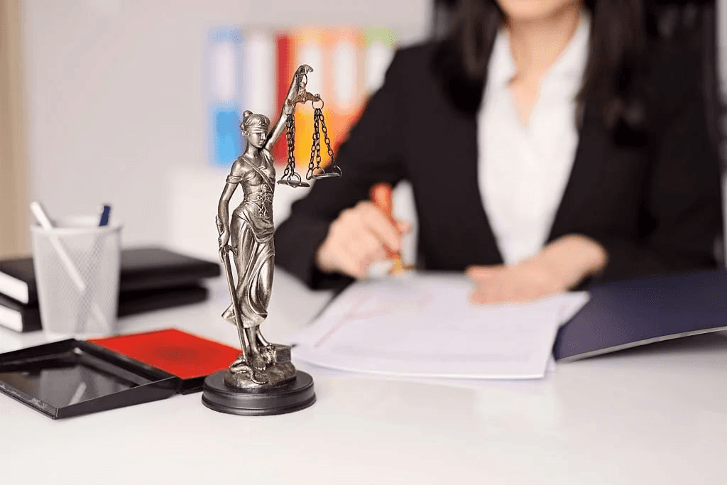small statue of lady justice on a desk in front of someone signing a document