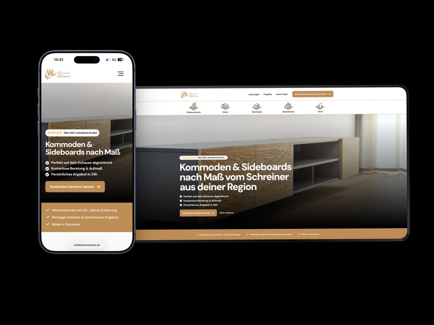 Responsive Design-Darstellung einer Website auf Desktop, Tablet und Smartphone