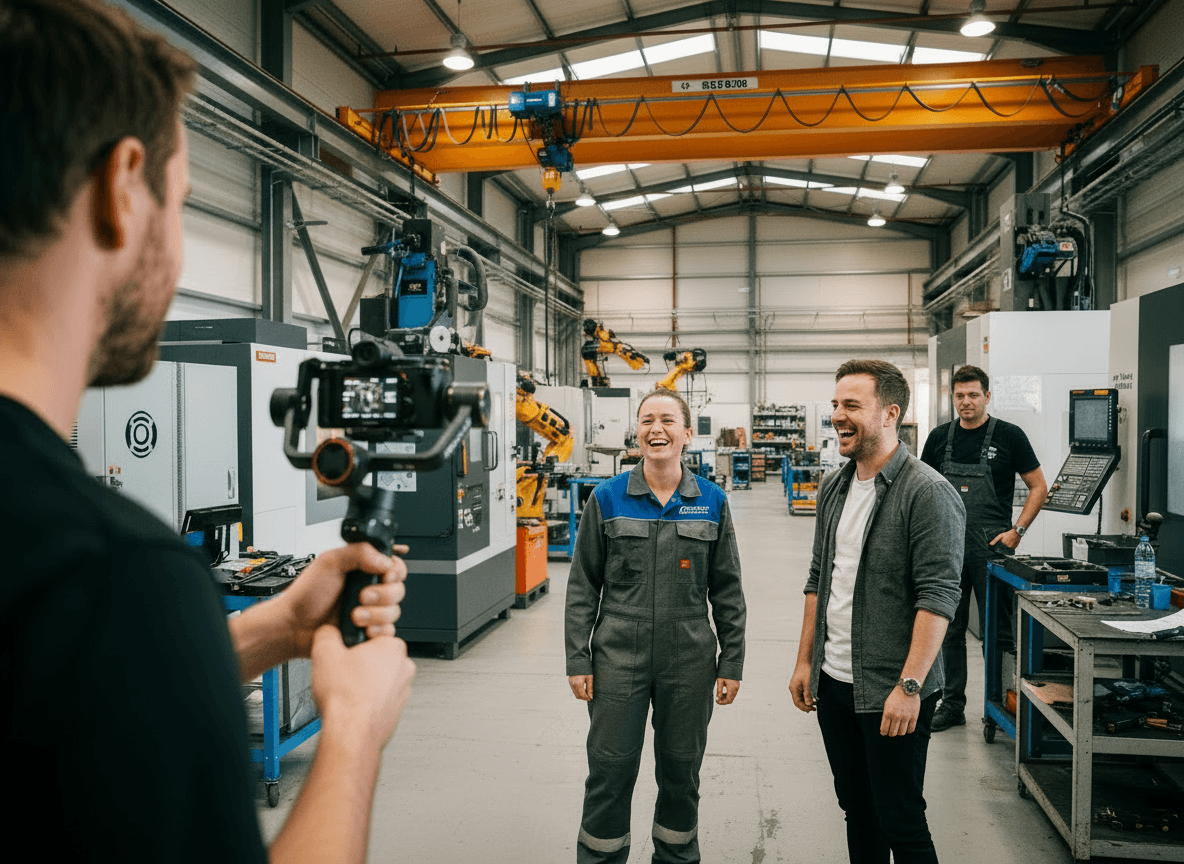 Recruiting Video Agentur. Kameramann filmt Mitarbeiter in einer Halle