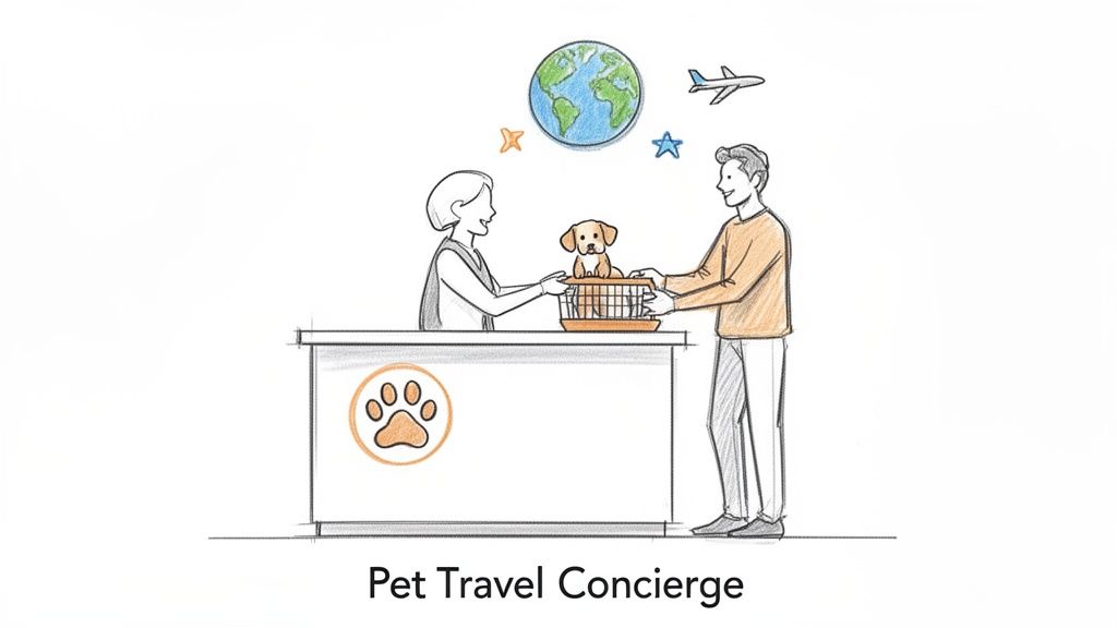 A pet travel concierge assists a man with his dog in a carrier for international travel.