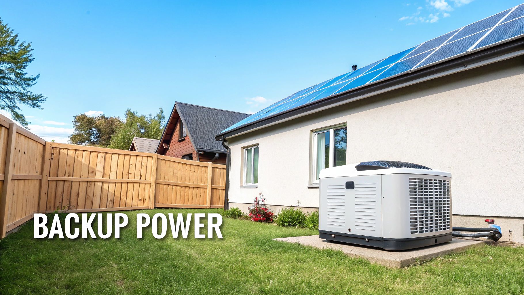 a home backup battery in the backyard of a white home with the text 'backup power' in the foreground