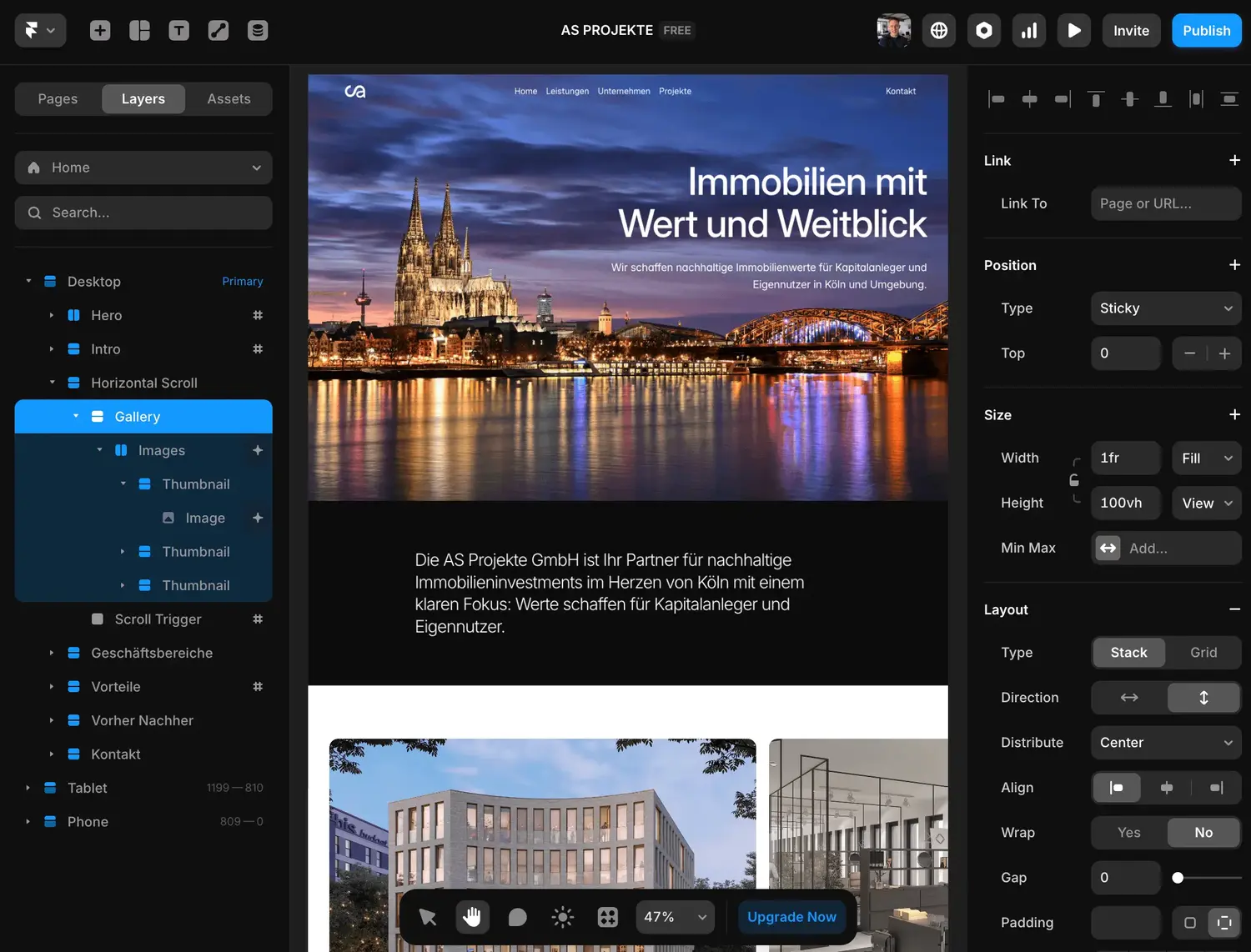 Modernes Immobilien-Webdesign eines Projektentwicklers, erstellt von der Framer Agentur Webnity-X. Beispiel für eine hochwertige Unternehmenswebsite mit klarer Struktur, responsivem Design und Fokus auf Markenwirkung.