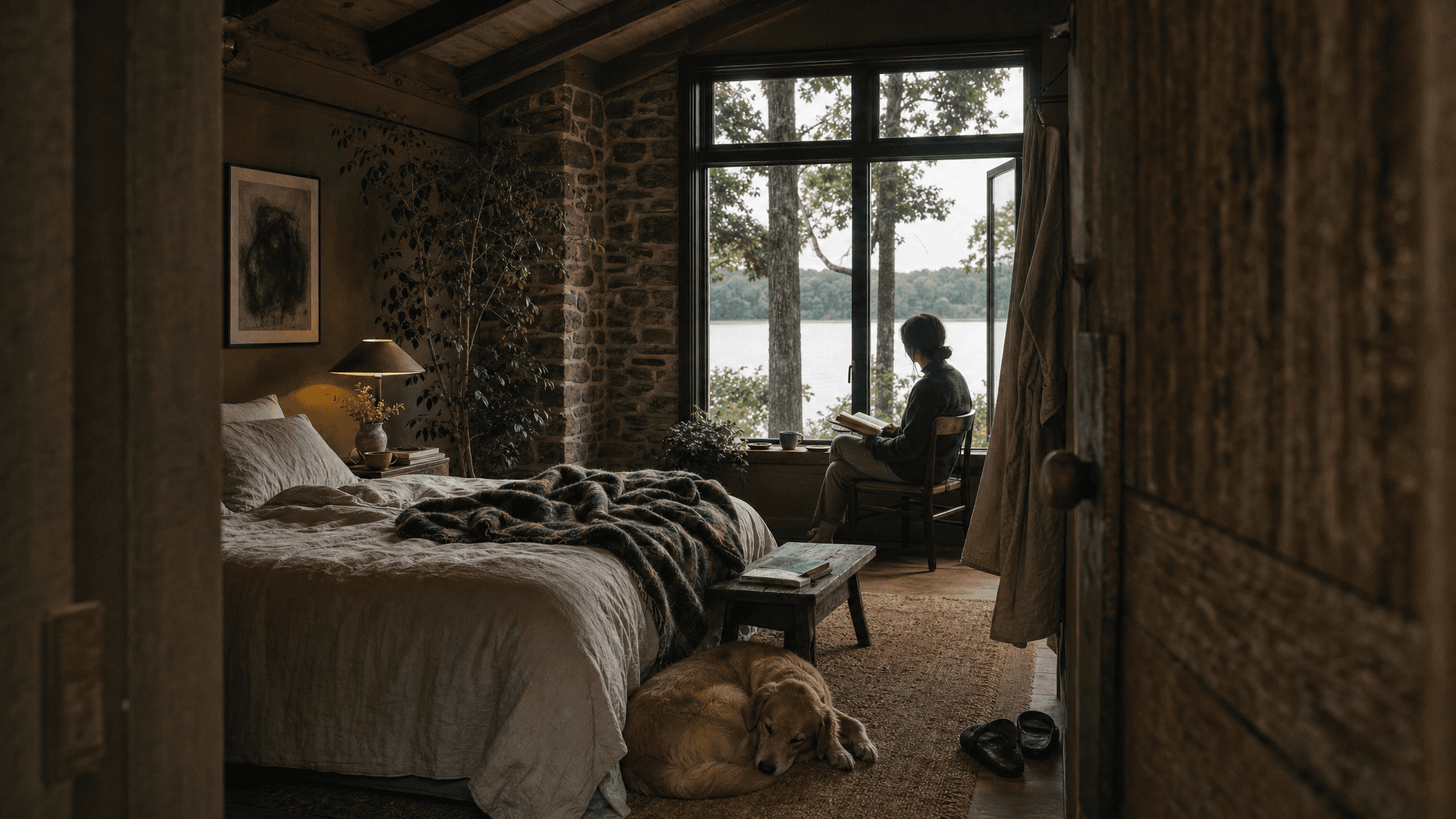 Planned project visualization of a quiet timber-and-stone bedroom looking toward the lake, with a reading chair and resting dog.