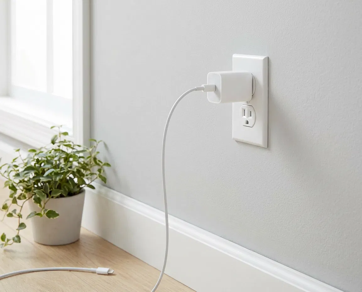 Smartphone charger left plugged into a wall outlet in a home setting.