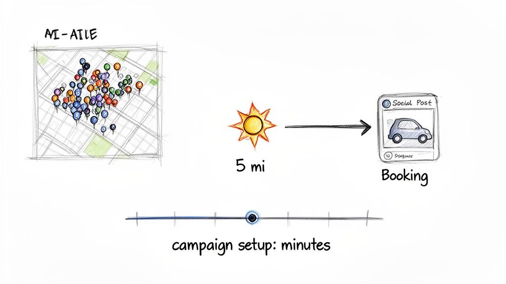A diagram illustrates a localized marketing campaign from location pins to social post booking and quick setup.