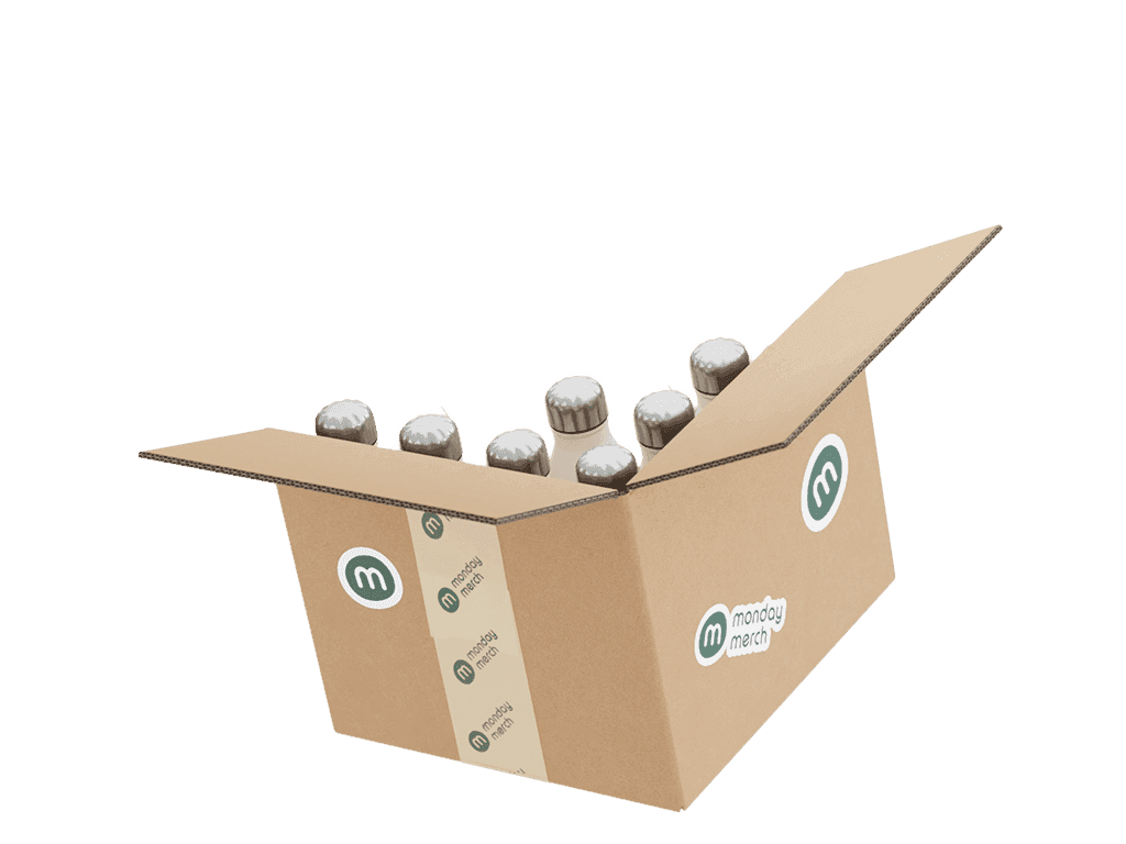 A partially open cardboard box with a quirky design and cartoonish features, on a plain background.