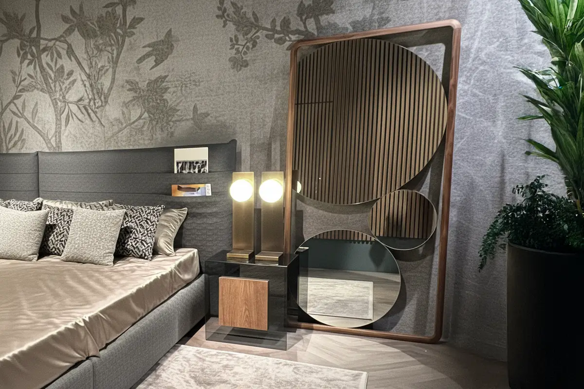 Artistic installation of handmade Italian luxury furniture by Rivatelier, contemporary luxury furniture brand, during Milan Fuorisalone.