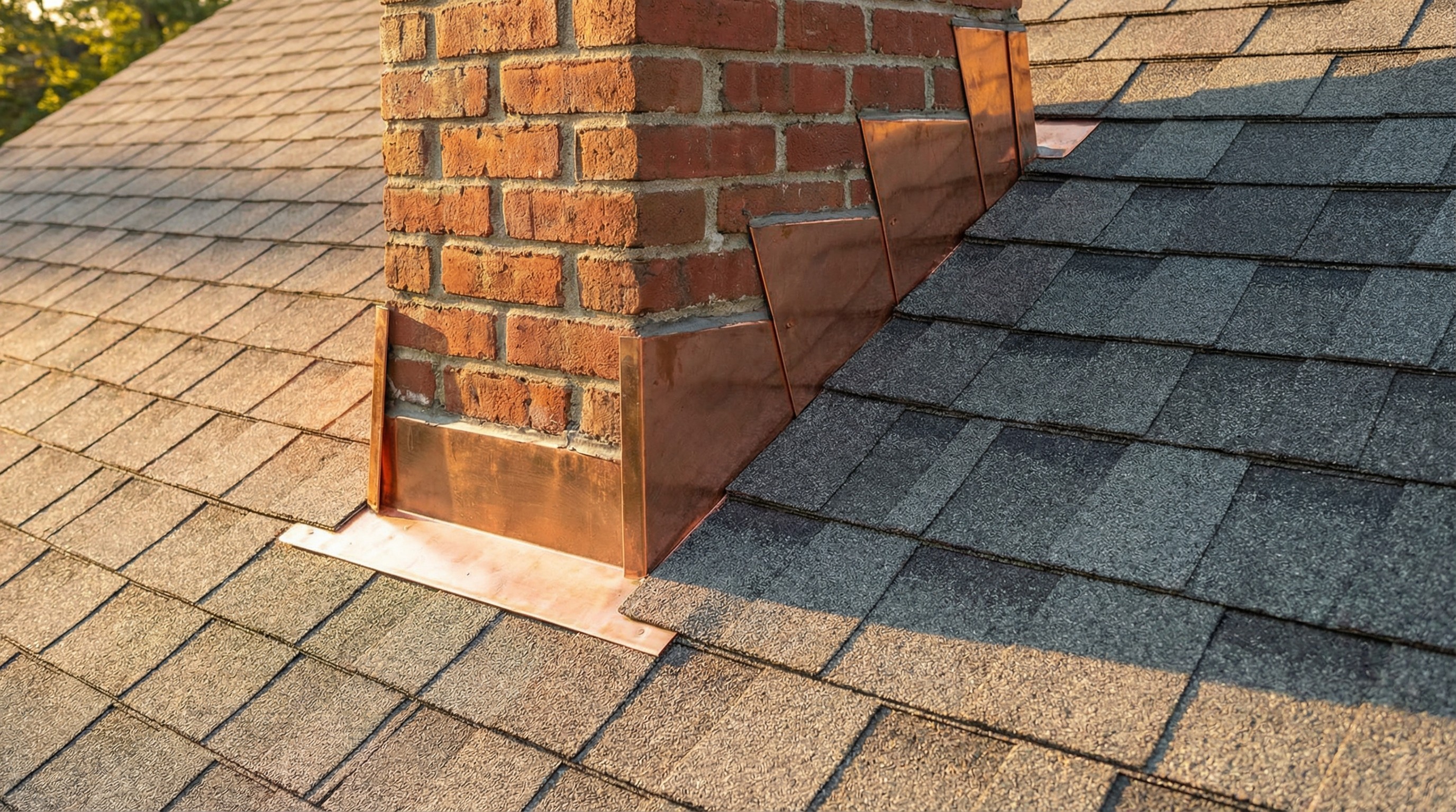Close-up of a brick chimney with copper flashing on a shingled roof, showcasing roof repair.