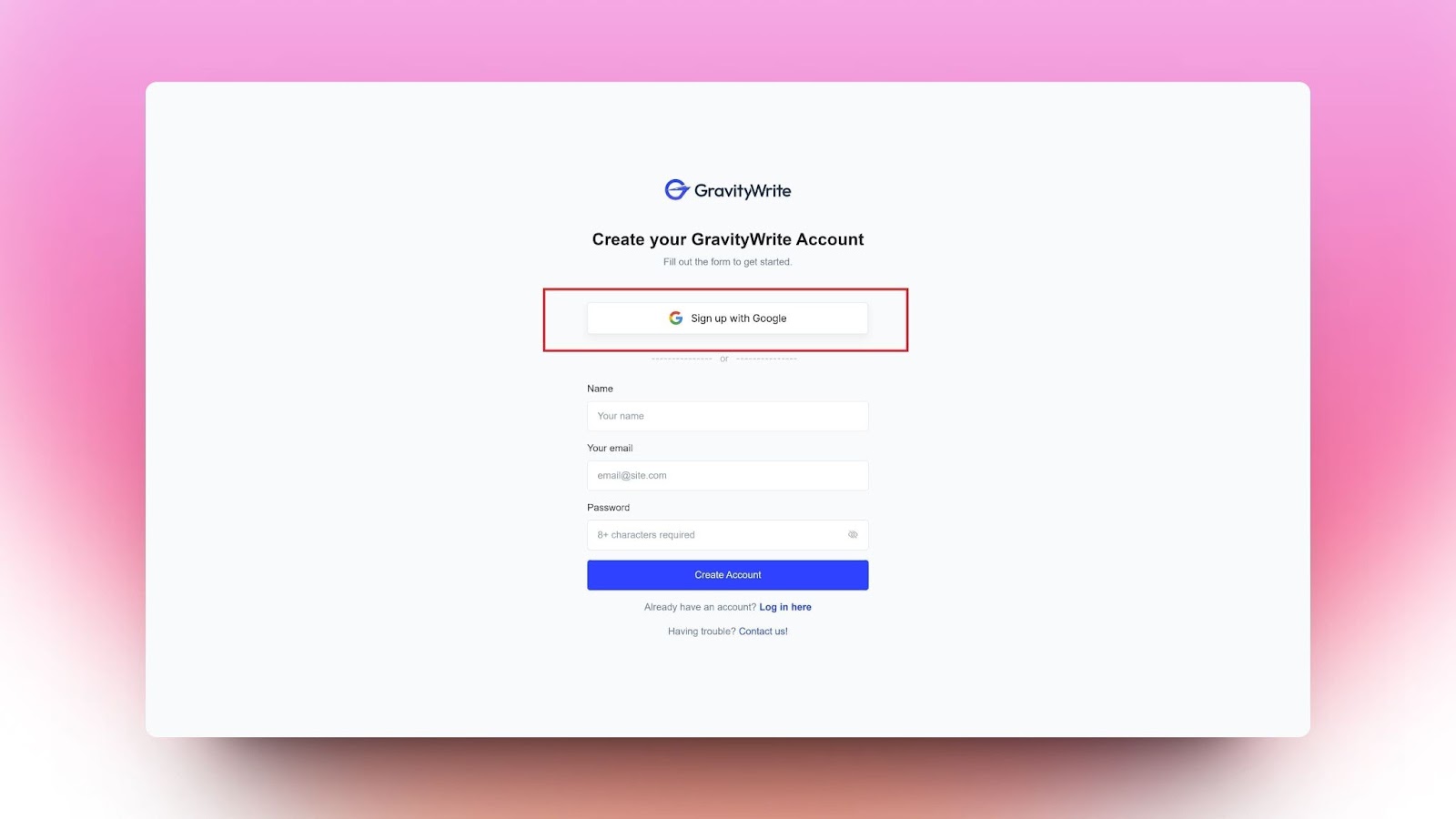 An image of a login form on GravityWrite's account sign-up page includes the 'Create New Account' button.