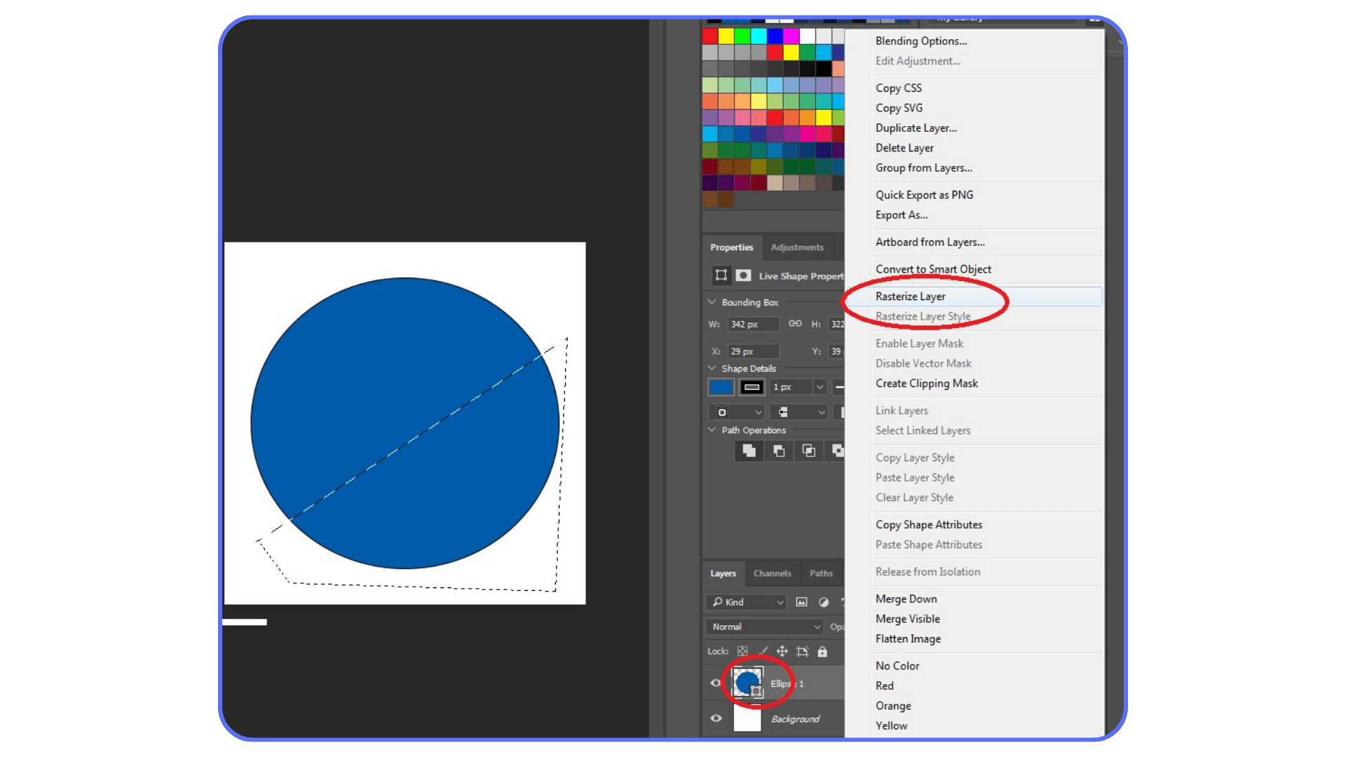 Right-click menu in Photoshop showing the Rasterize Layer option on a shape layer