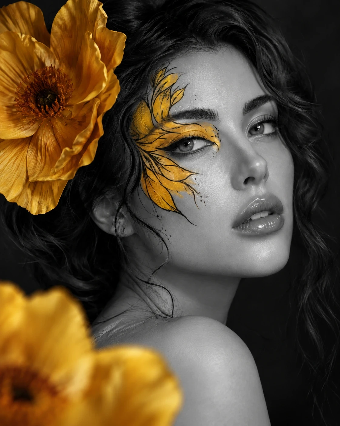 Selective-colour version: Yellow flowers frame a portrait with fine black botanical lines across the cheek