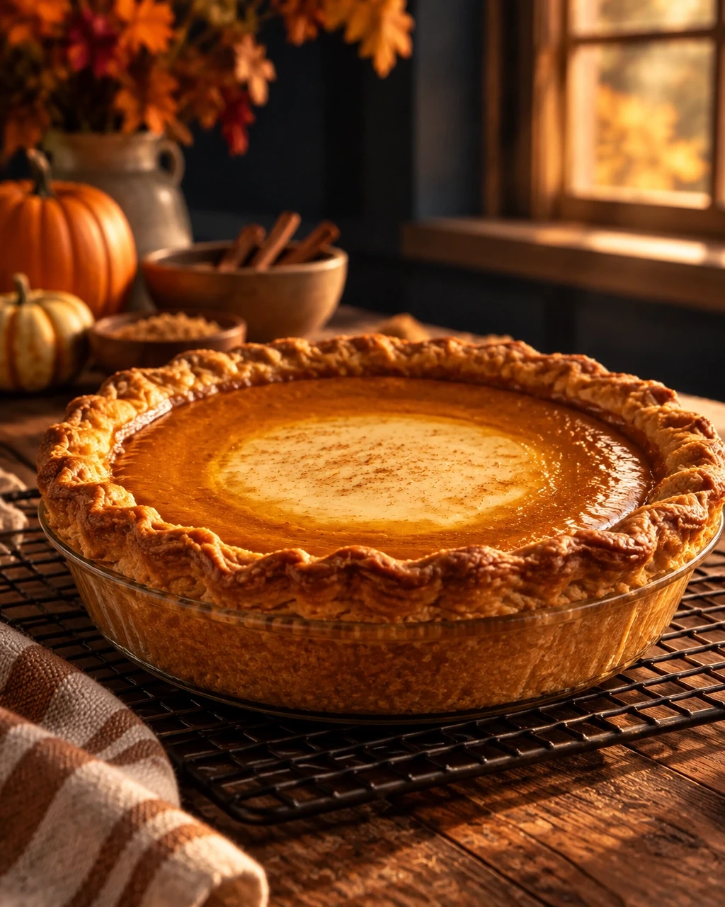A freshly baked deep-dish pumpkin pie cooling in a cozy autumn kitchen